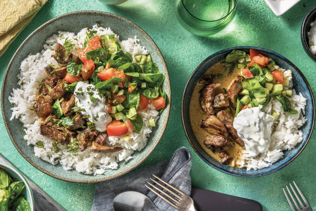 Indian Coconut Beef & Garlic Rice Bowl
