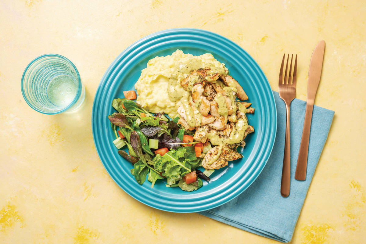 Italian-Style Chicken & Creamy Pesto Sauce with Mashed Potato