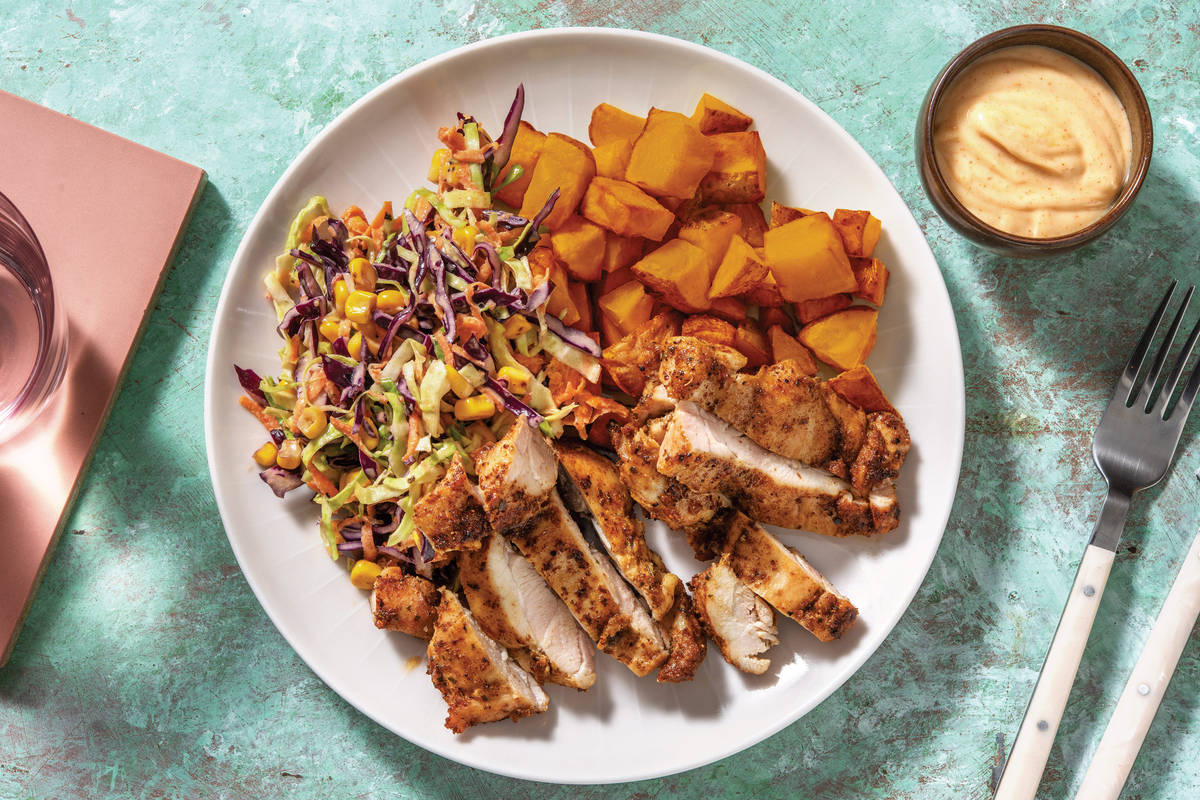 Jerk Chicken Roasted Kumara Chunks with Rainbow Corn Slaw Recipe