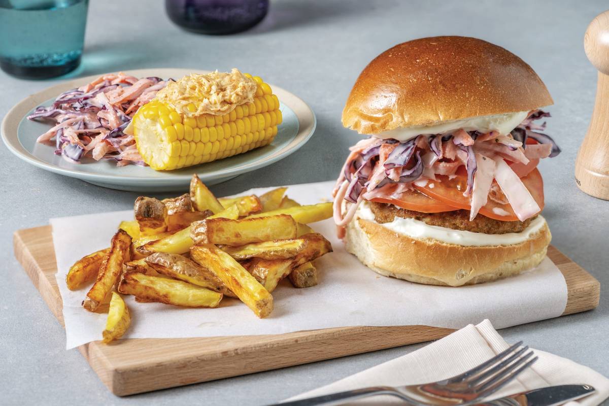 Caribbean Pork Burger & Butter Corn Cobs