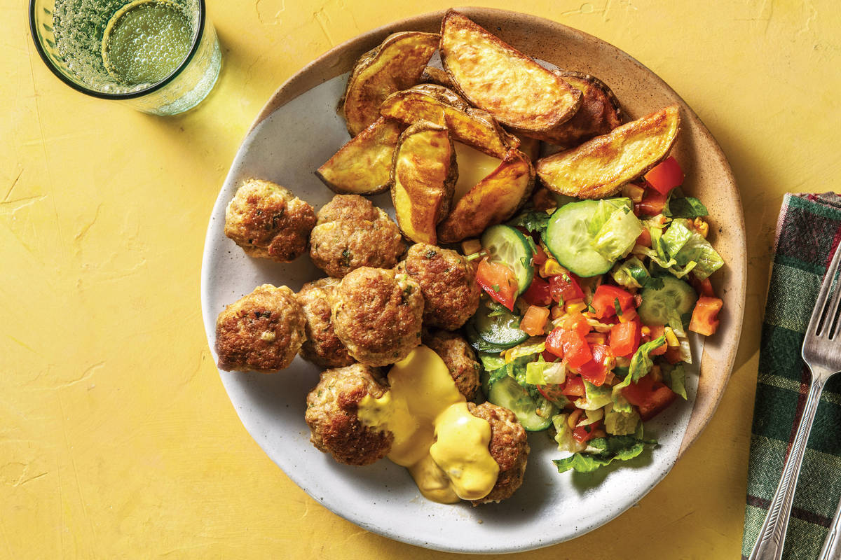 Caribbean Pork Rissoles with Wedges & Mango Mayonnaise