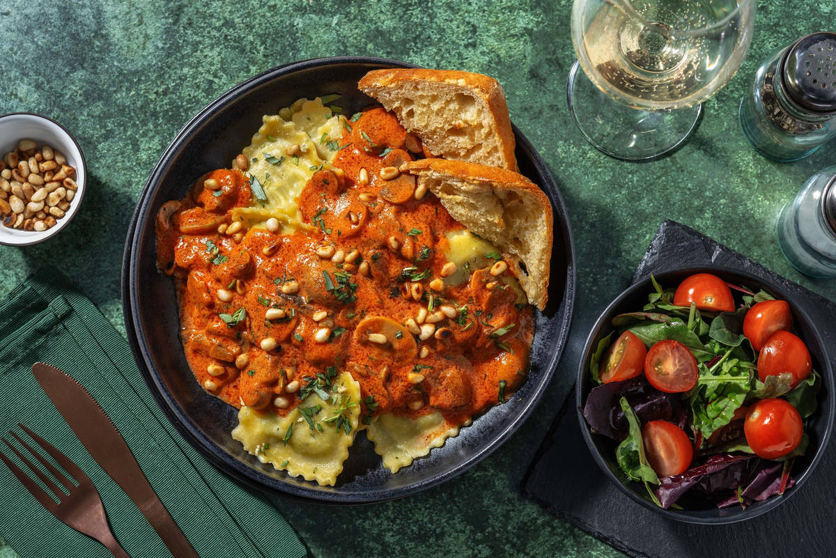 Jumbo Shrimp and Seafood Ravioli in Rose Sauce