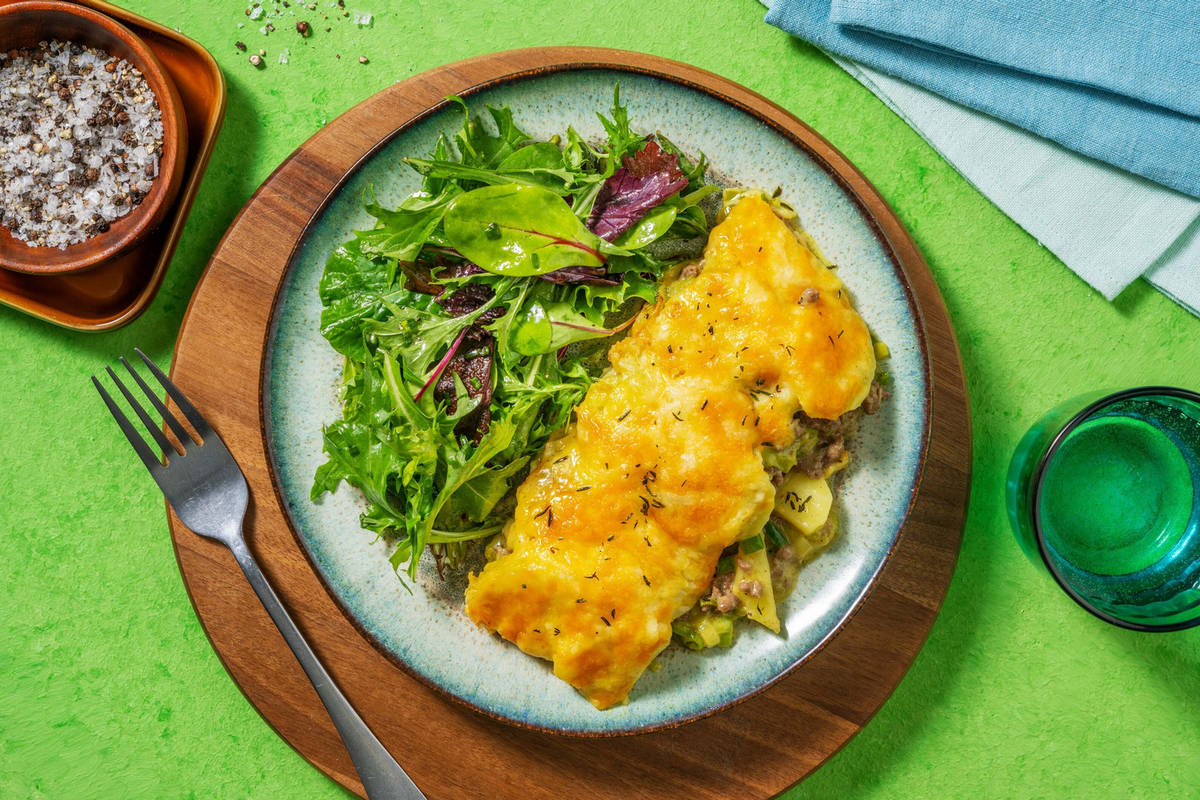 Kartoffelgratin mit Rindshack & Curry-Käse-Sauce