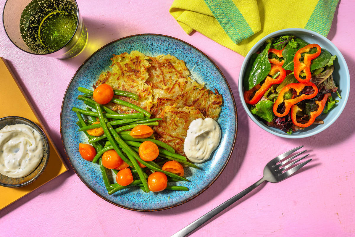 Kartoffelrösti mit Buschbohnen und Schmelztomaten