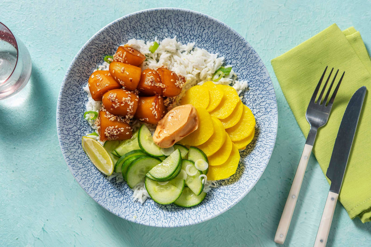 Korean Style Bowl! mit süss-salzig-glasierten Kartoffeln