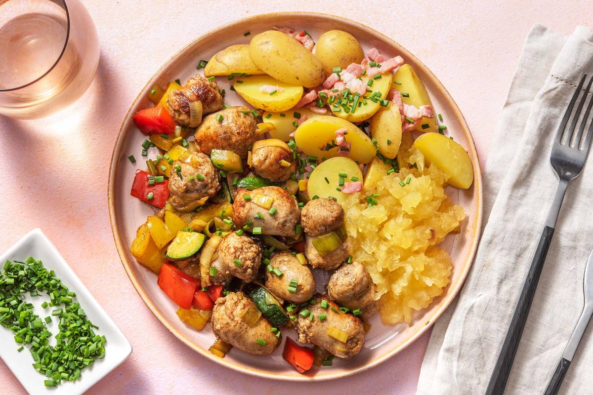 Krieltjes met kipworst en spekjes