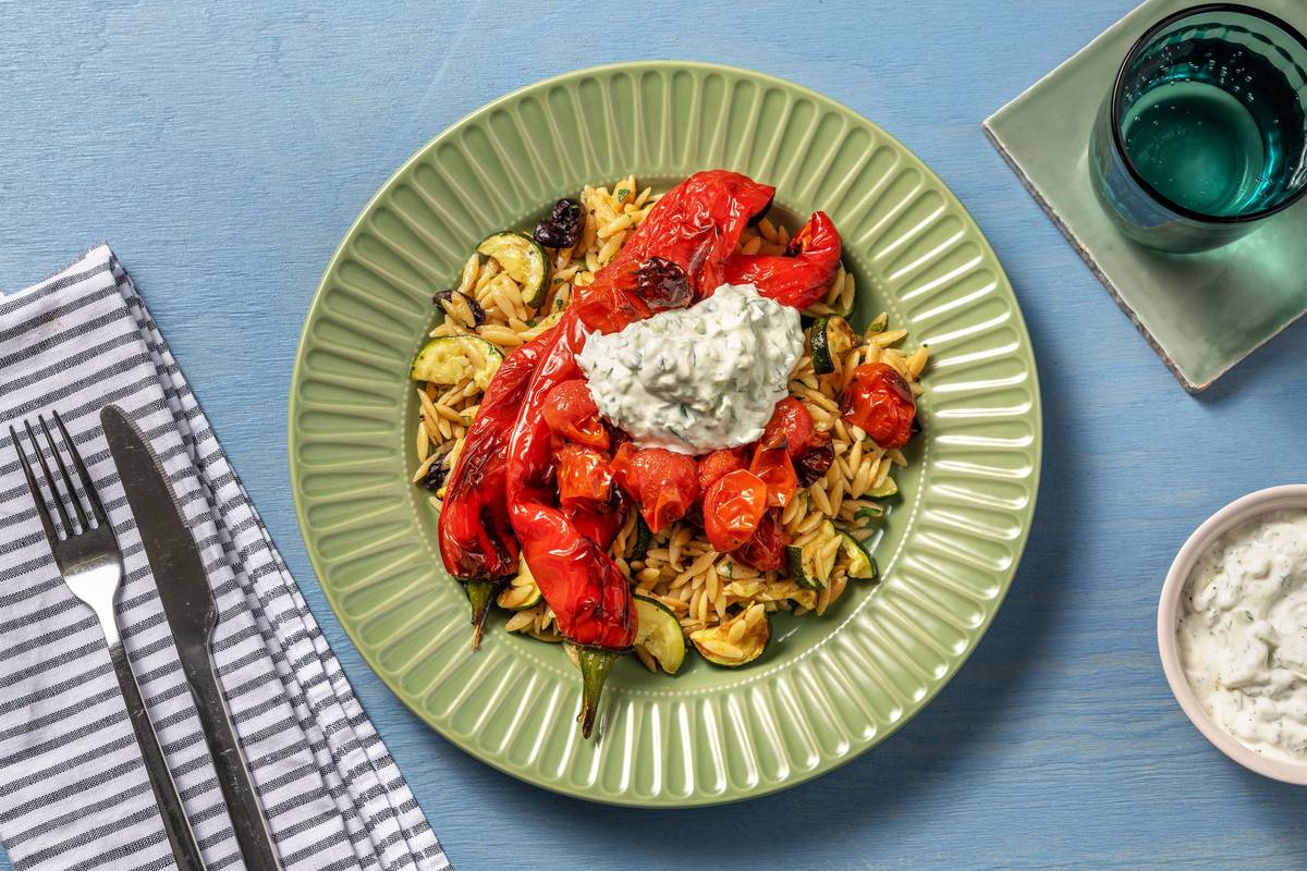 Kritharaki! Orzo mit gerösteter Spitzpaprika