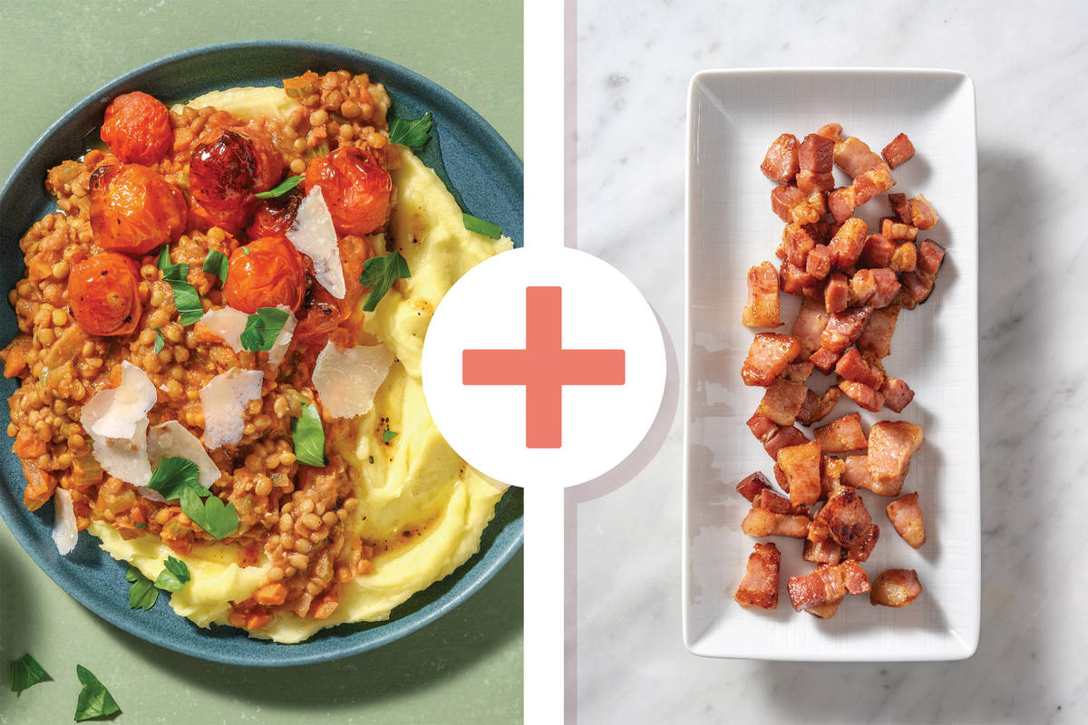 Lentil, Bacon, Pesto Bolognese & Mash