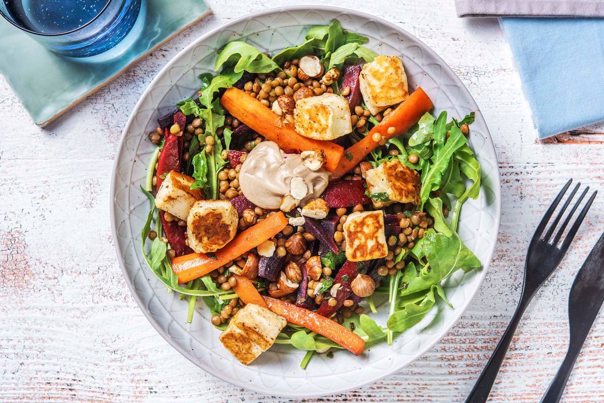 Linsensalat mit roter Bete und Halloumi