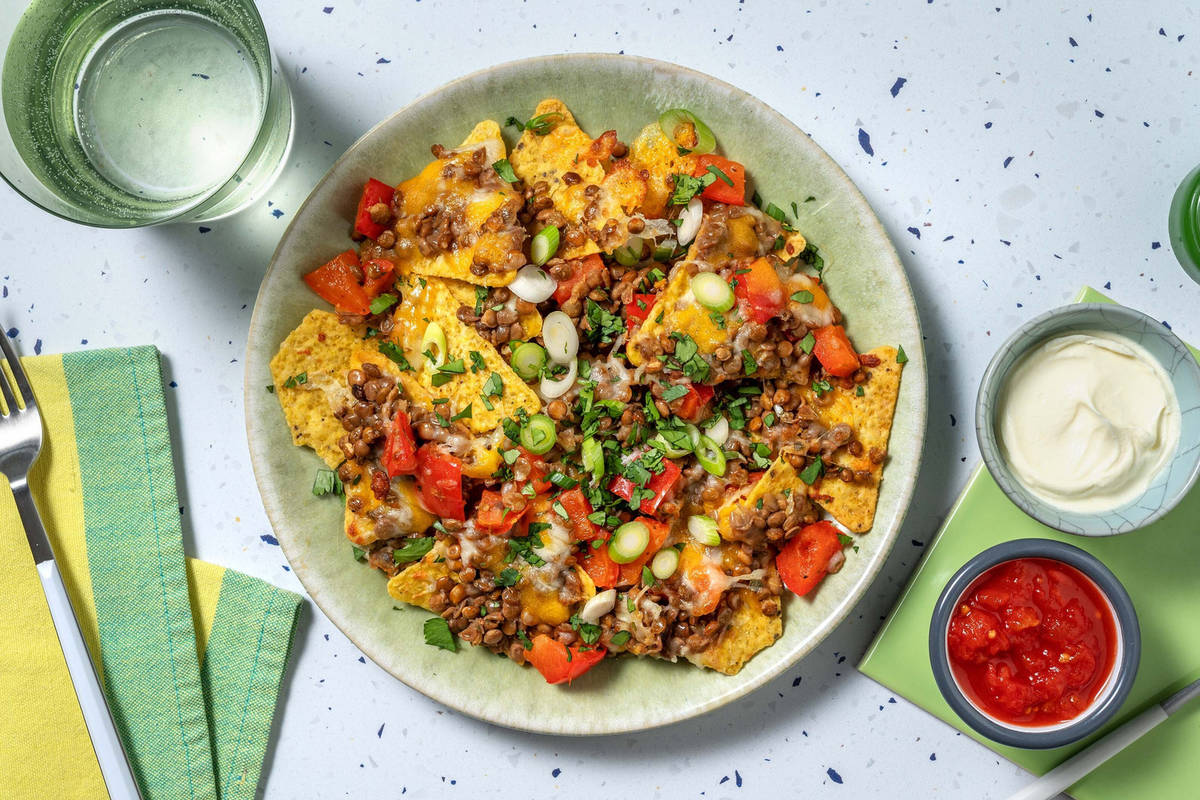 Nachos de lentilles au fromage et au Beyond Meat®
