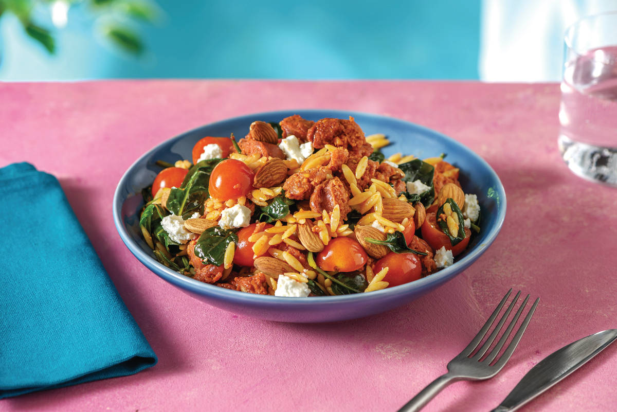 Chorizo, Cherry Tomato & Pesto Risoni Salad with Fetta & Almonds