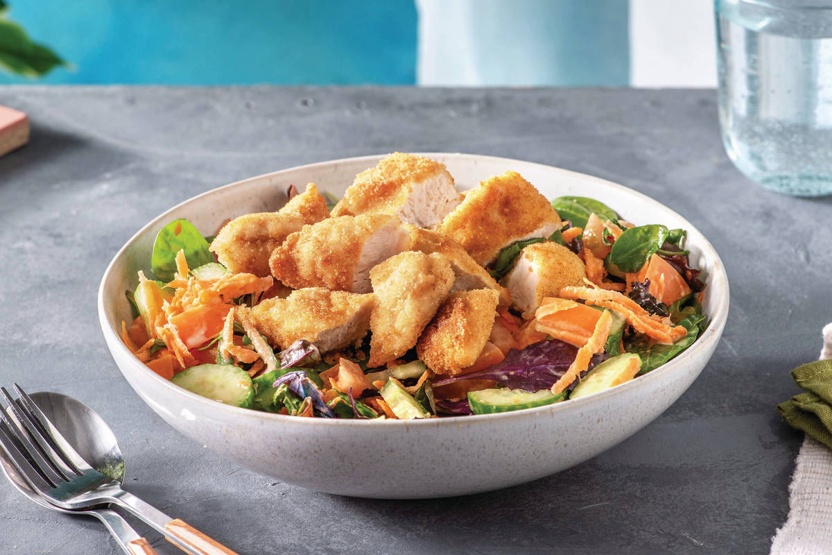 Crumbed Chicken Salad with Creamy Garlic Dressing