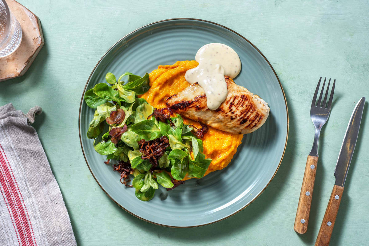 Honig-Senf-Poulet mit Kürbispüree