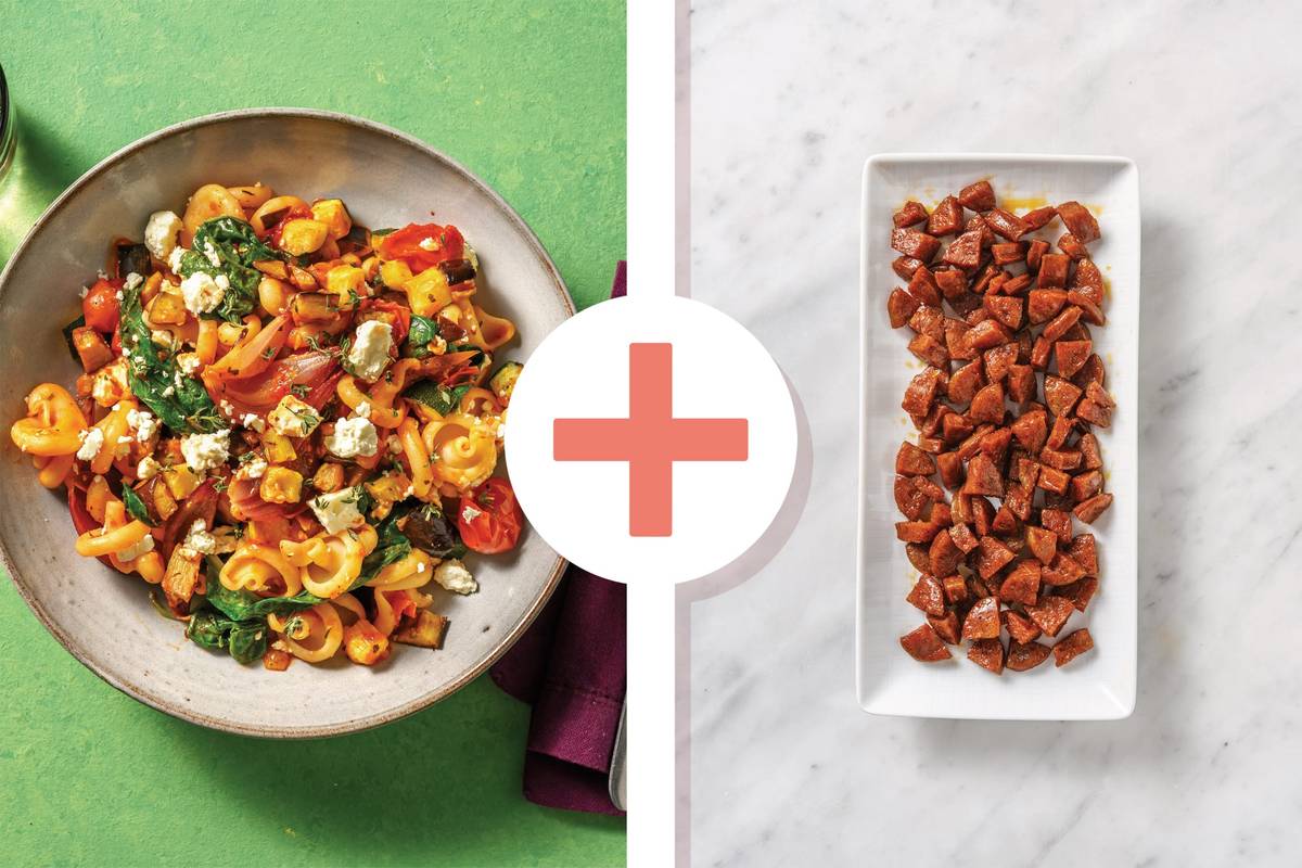 Mediterranean Roasted Eggplant & Chorizo Farfalle