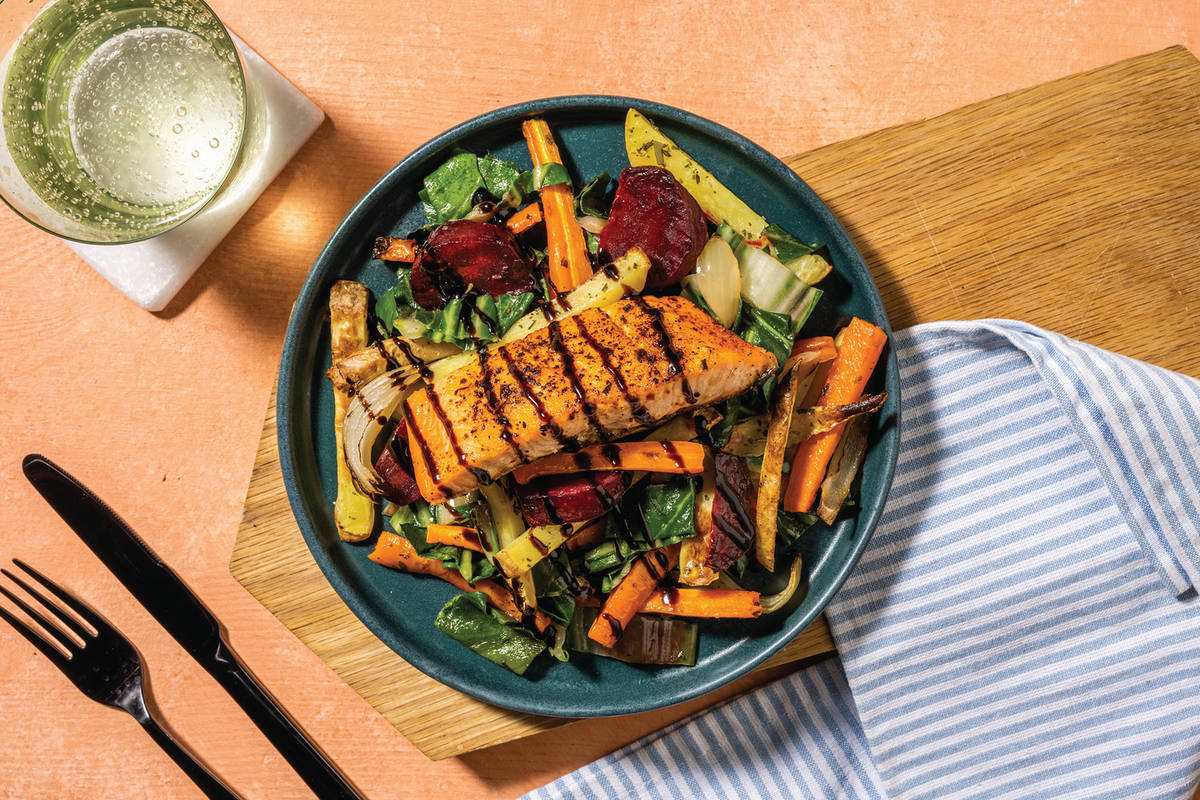Mediterranean Salmon & Winter Veggie Toss