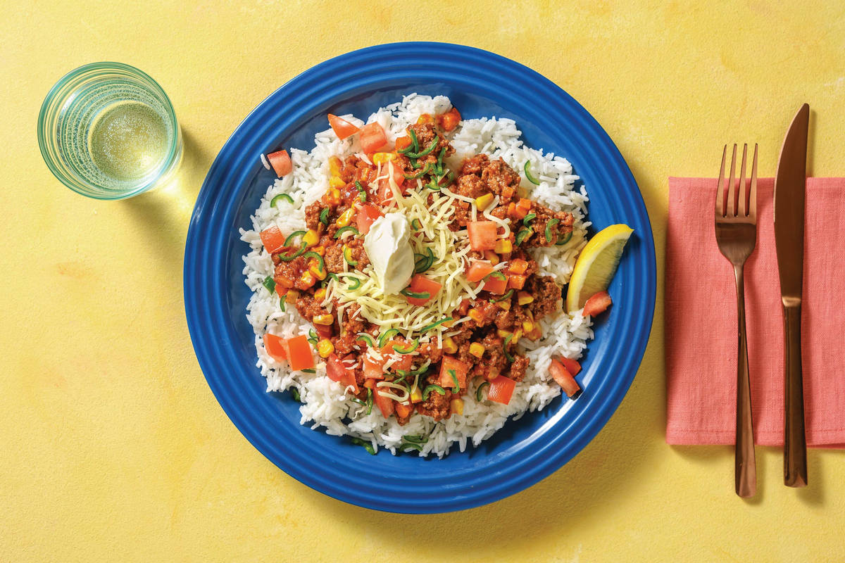 Mexican Beef Burrito Bowl with Cheddar & Sour Cream
