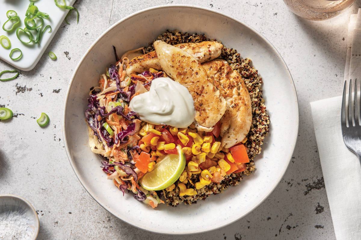 Mexican Chicken Quinoa Bowl with Creamy Slaw & Charred Corn Salsa
