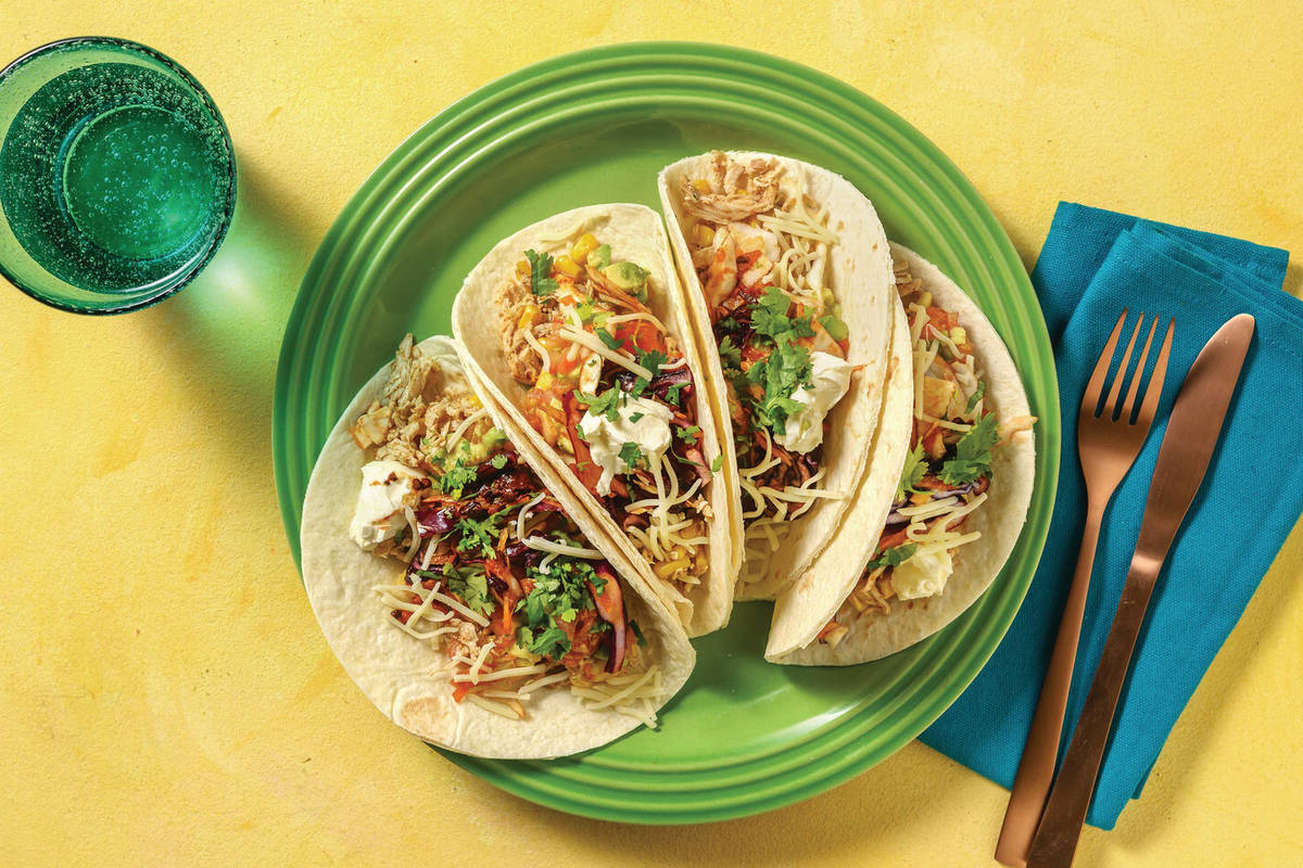 Mexican Pulled Chicken Tacos with Chipotle Slaw & Guacamole