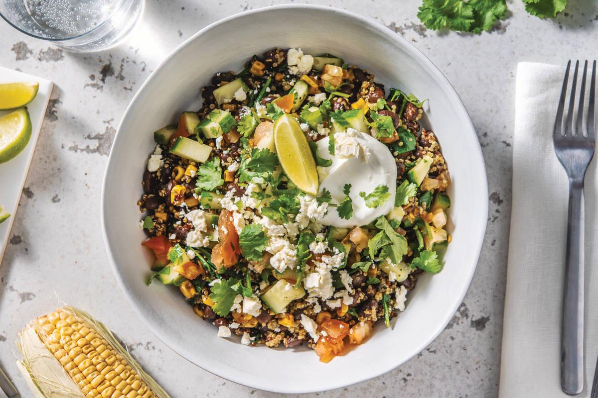 Mexican Quinoa Bean Bowl with Lime, Zesty Yoghurt & Fetta