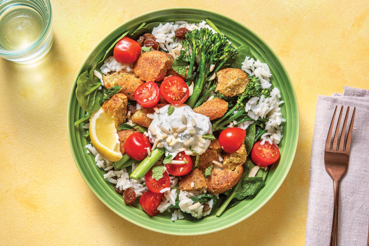Middle Eastern Falafel Rice Bowl with Greens & Herby Yoghurt