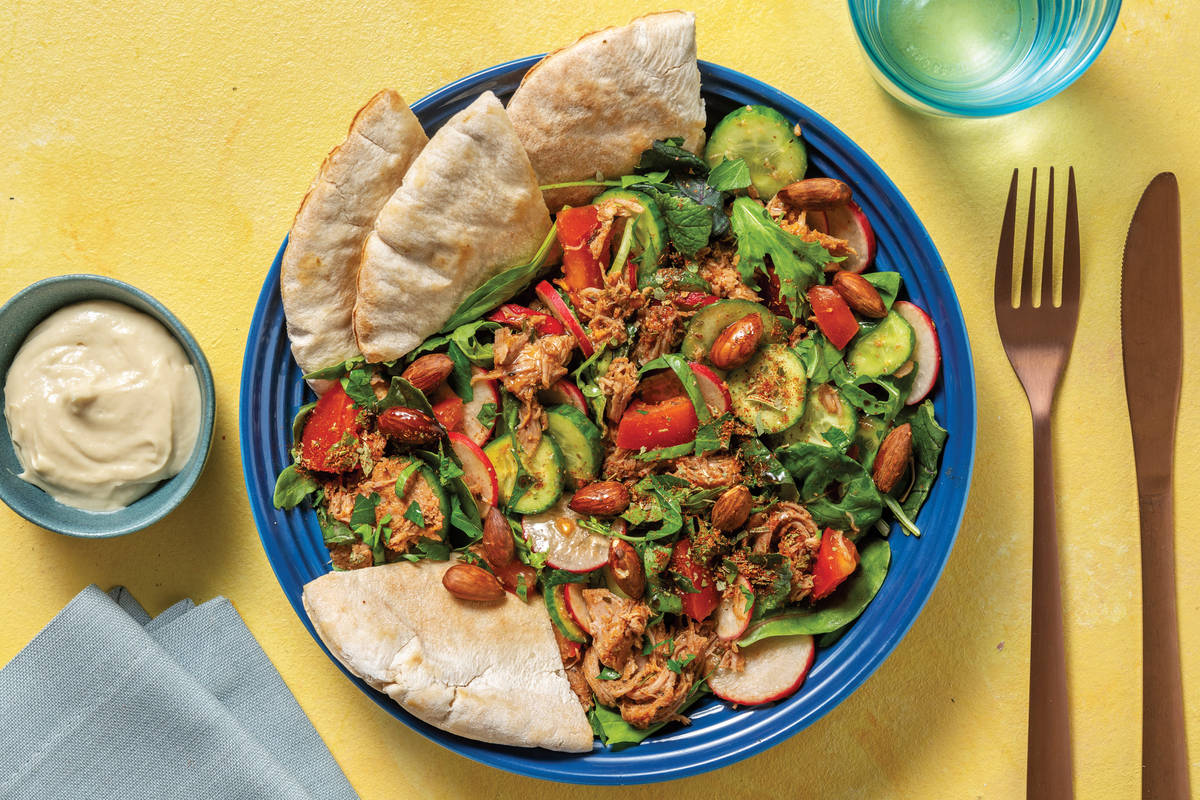Middle Eastern Pulled Chicken Salad with Flatbreads & Tahini
