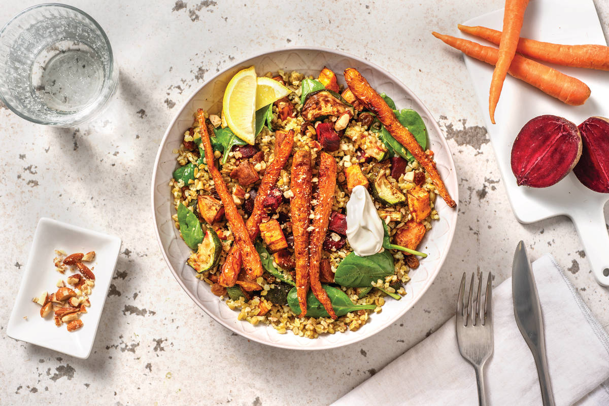 Middle Eastern Veggie Freekeh Bowl with Garlic Sauce & Roasted Almonds