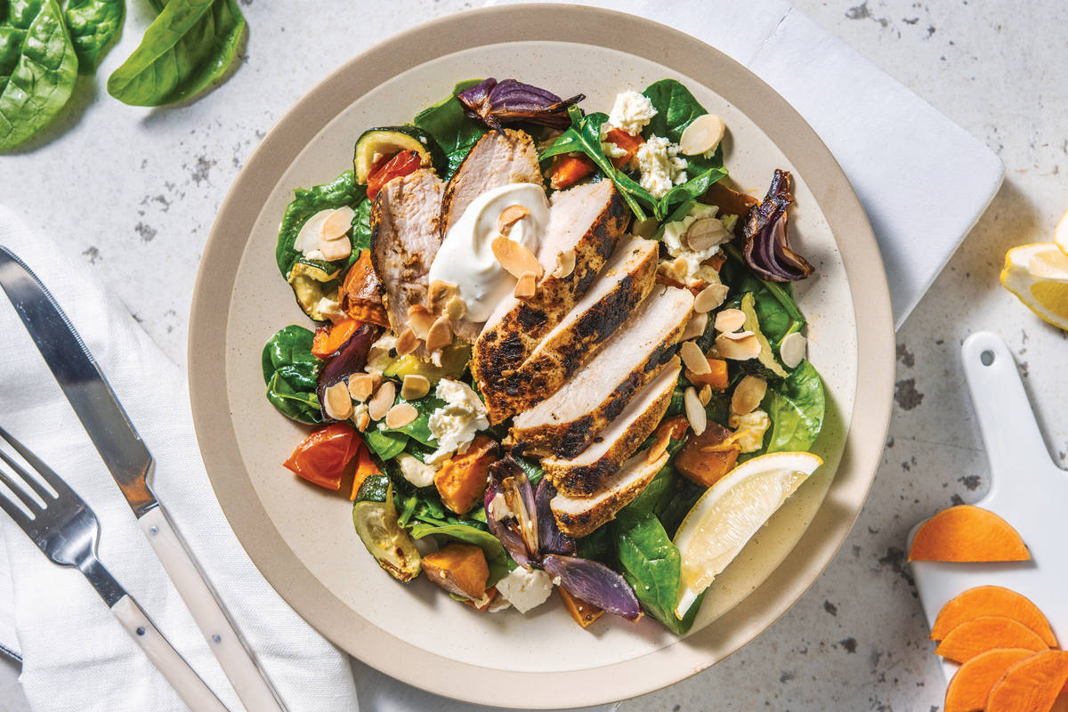 Middle Eastern Yoghurt Chicken with Roast Veggie Toss & Fetta