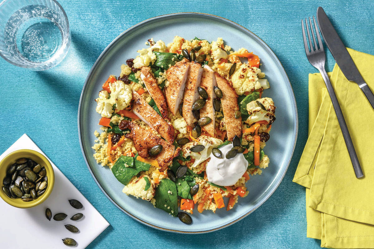 Mild North Indian Chicken & Veggie Couscous with Currants & Pumpkin Seeds