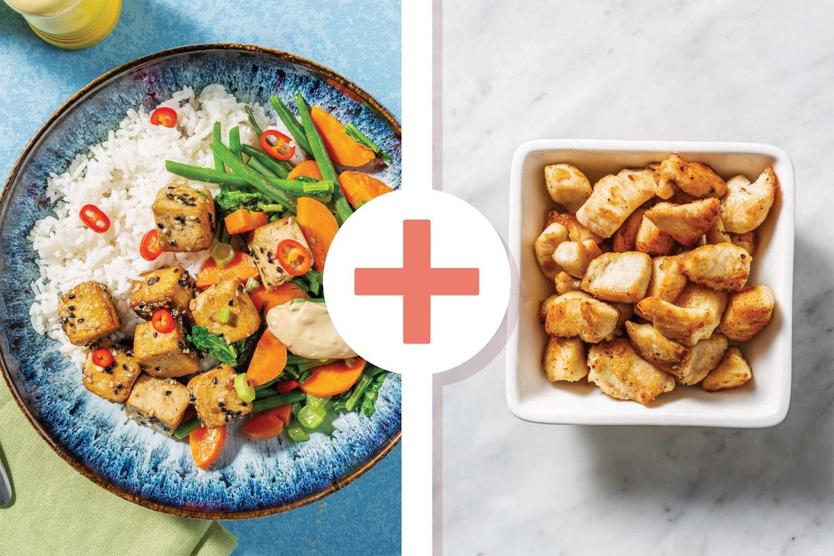 Miso-Glazed Chicken & Tofu Garlic Rice Bowl