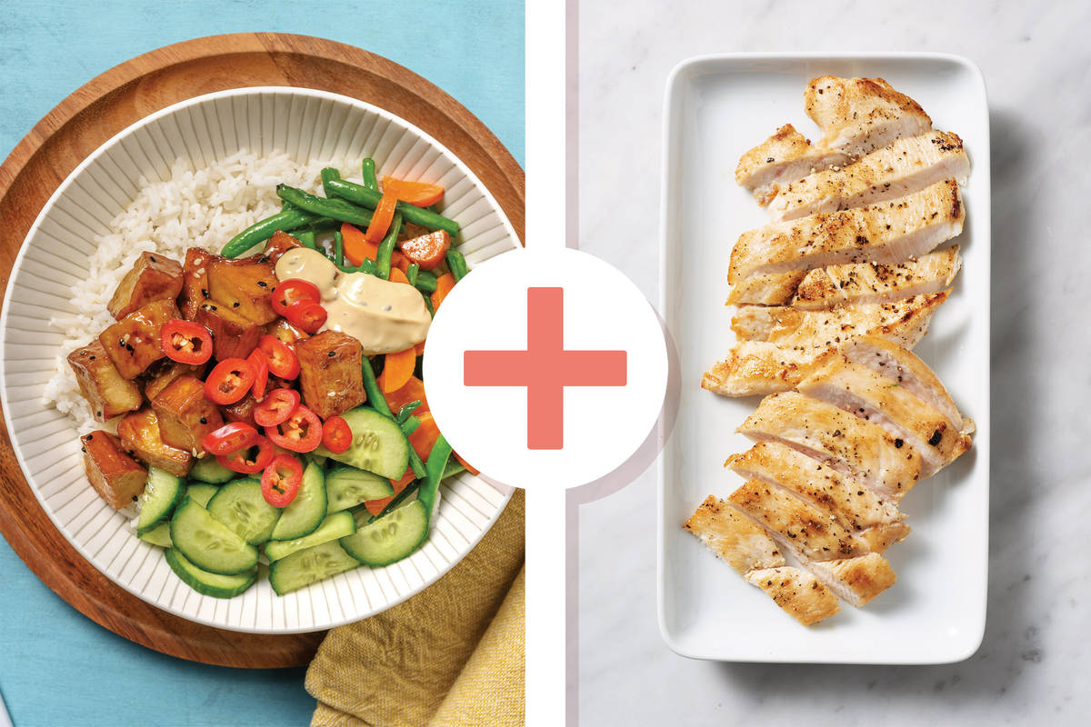 Miso-Glazed Chicken & Tofu Garlic Rice Bowl