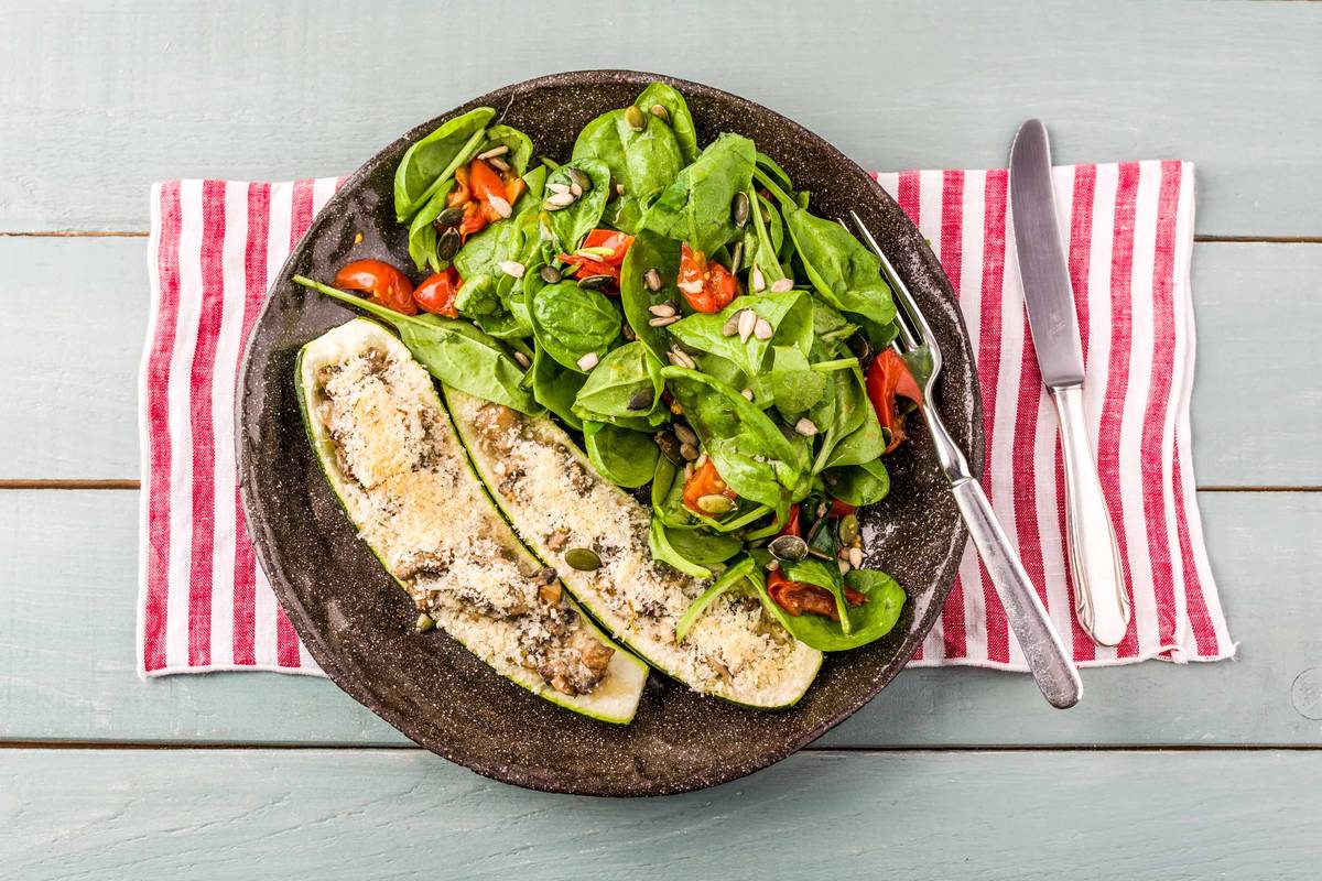 Mushroom Stuffed Courgettes with Balsamic Tomatoes and Spinach