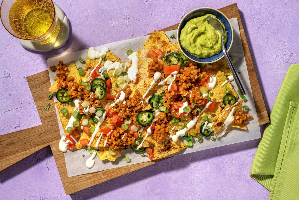 Cheesy Chorizo and Lentil Nachos