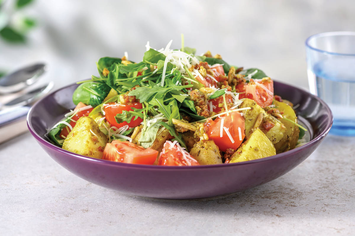 Bacon & Basil Pesto Potato Salad with Parmesan & Almonds