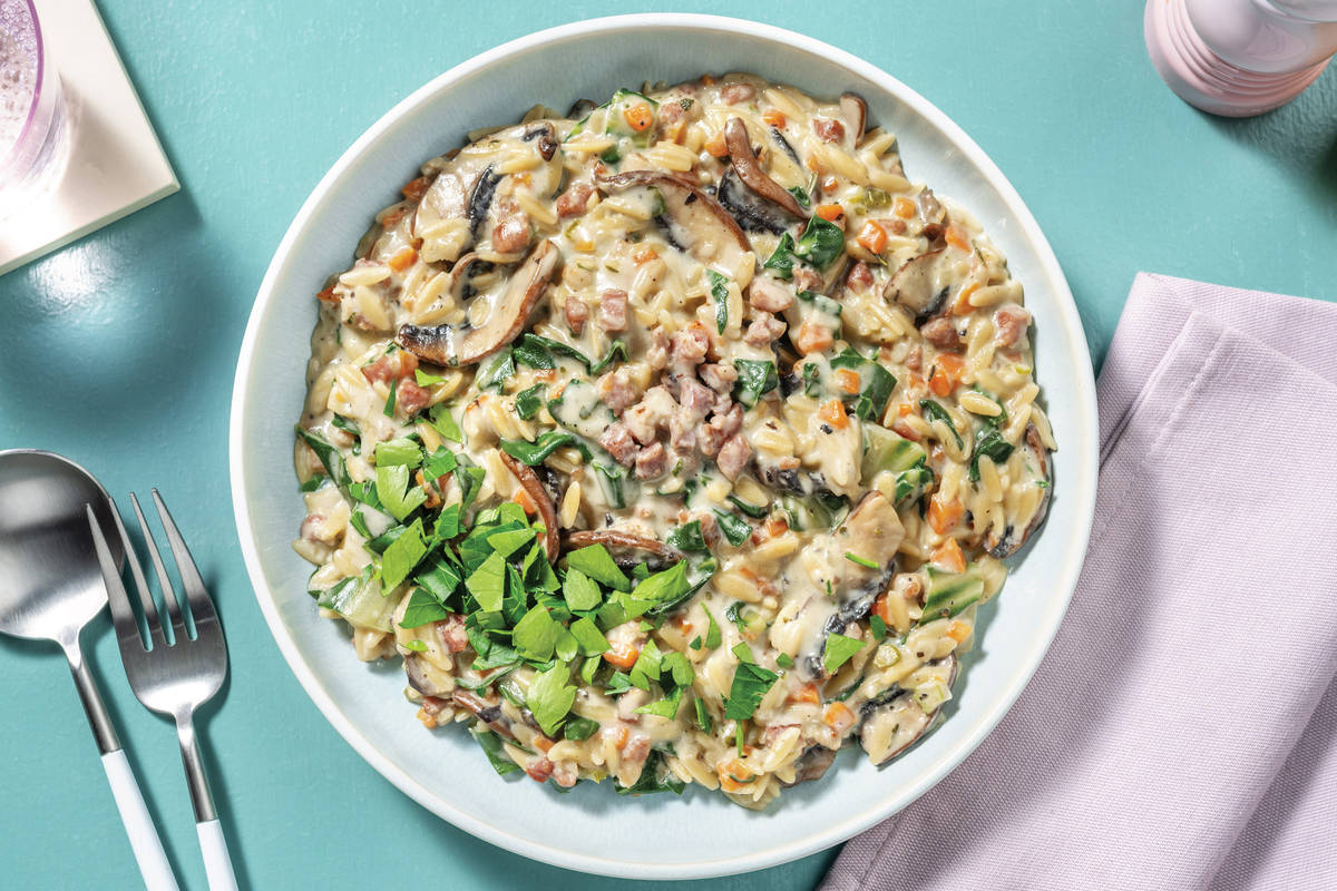 One-Pan Creamy Bacon & Mushroom Risoni