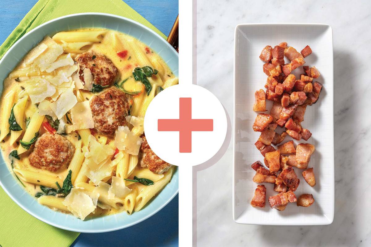 One-Pot Creamy Mustard Bacon & Chicken Meatball Penne