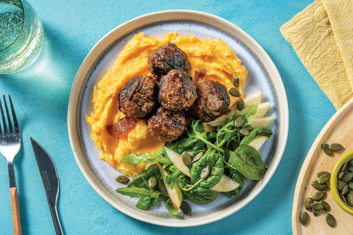 Onion Chutney Beef Meatballs & Veggie Mash