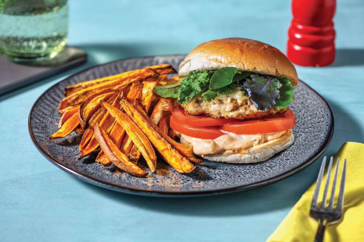 Classic Pork Burger & Sweet Potato Fries