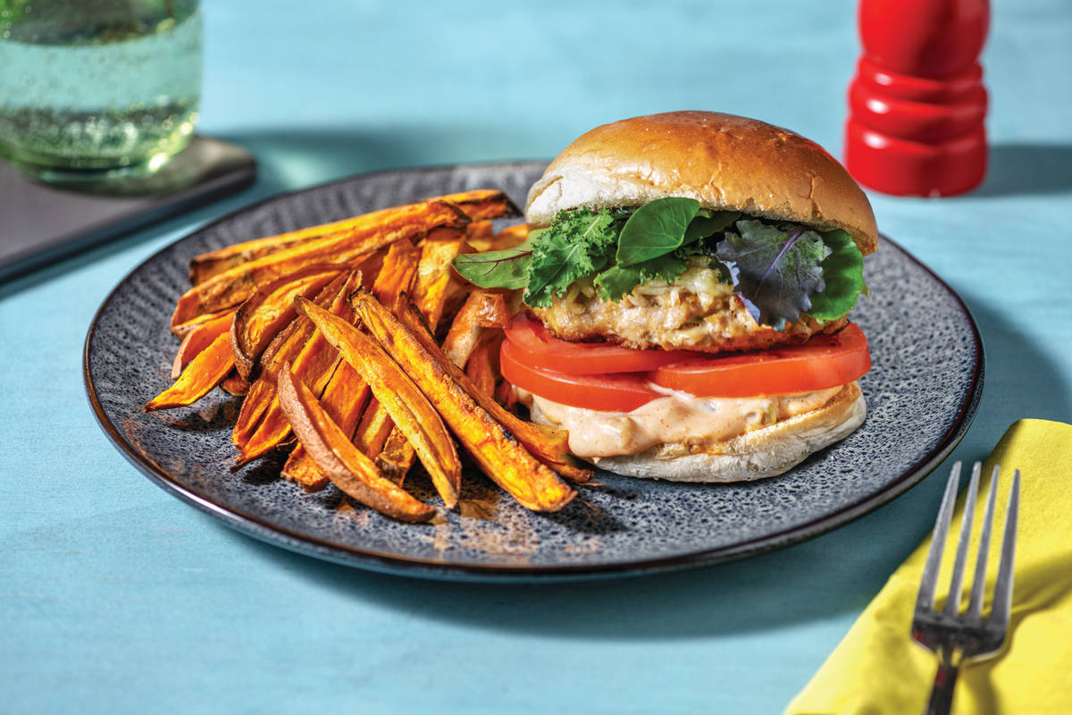Classic Pork Burger & Sweet Potato Fries