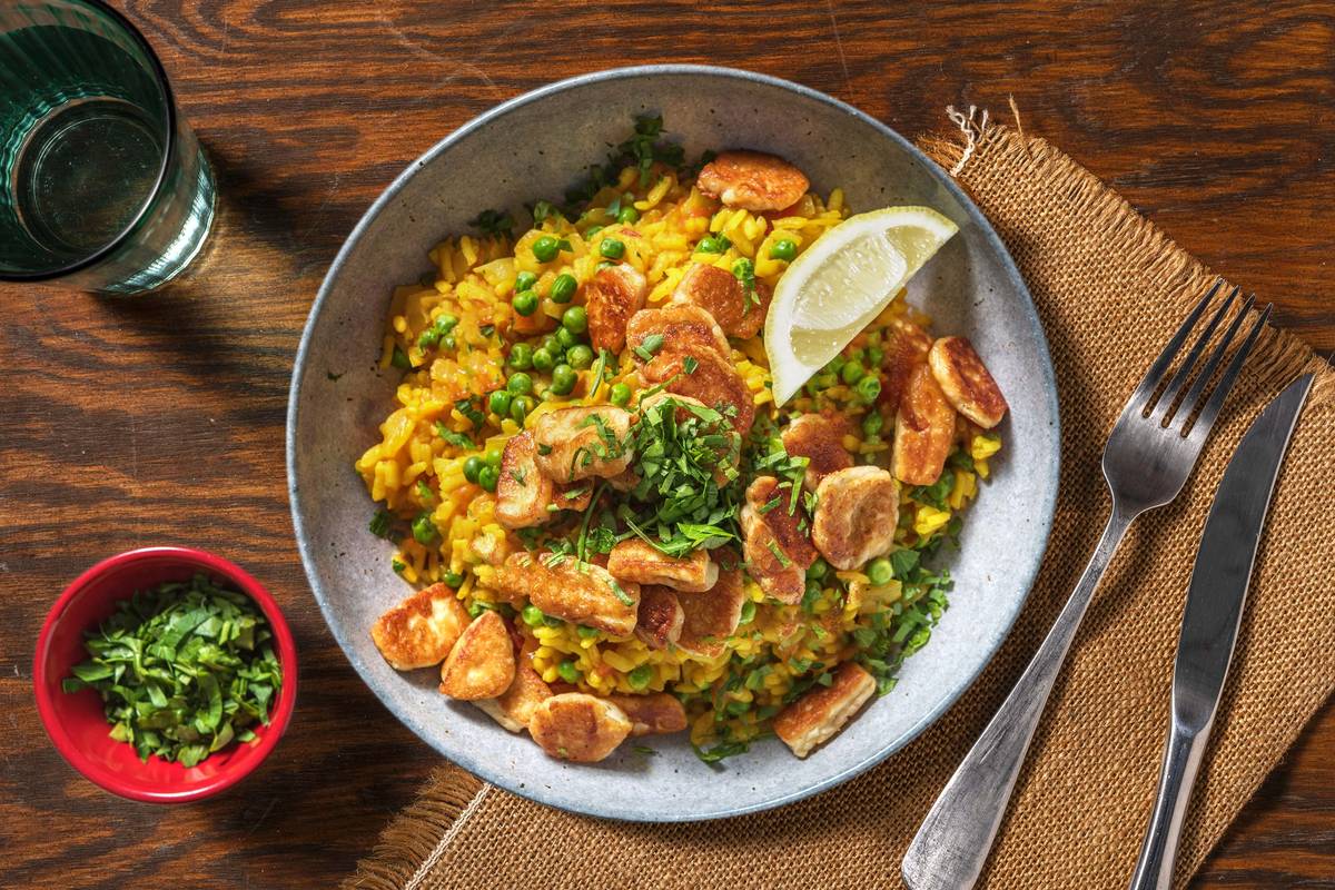 Groentepaella met krokante halloumi