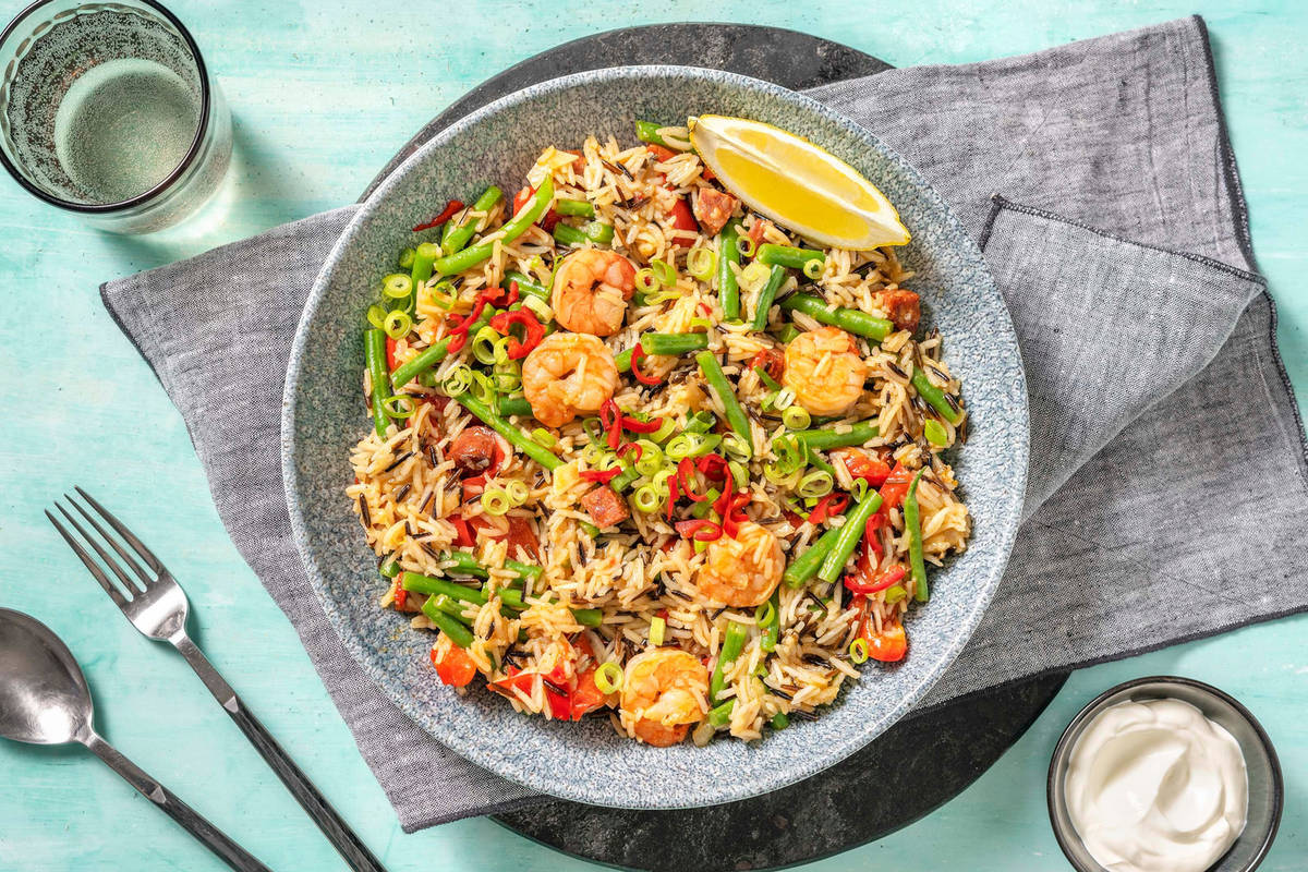Paella! Spanischer Reis mit Chorizo und Garnelen