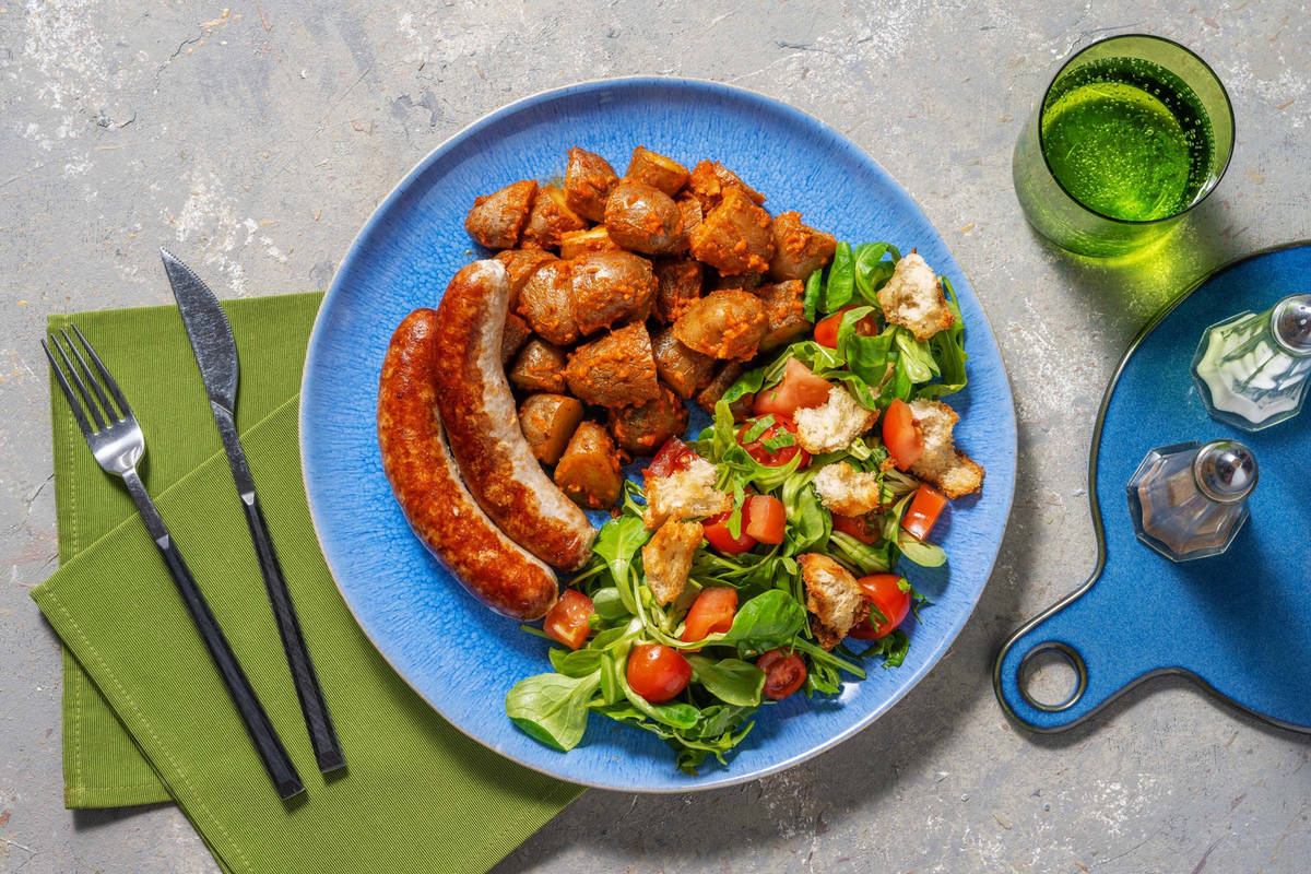 Italiaanse panzanellasalade met varkensworst