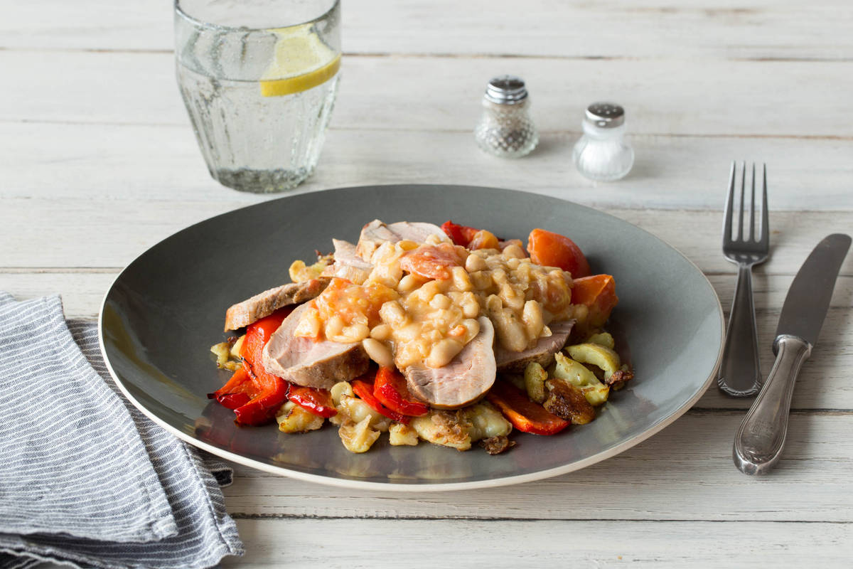 Paprika Pork with Crushed New Potatoes and Butter Bean Stew