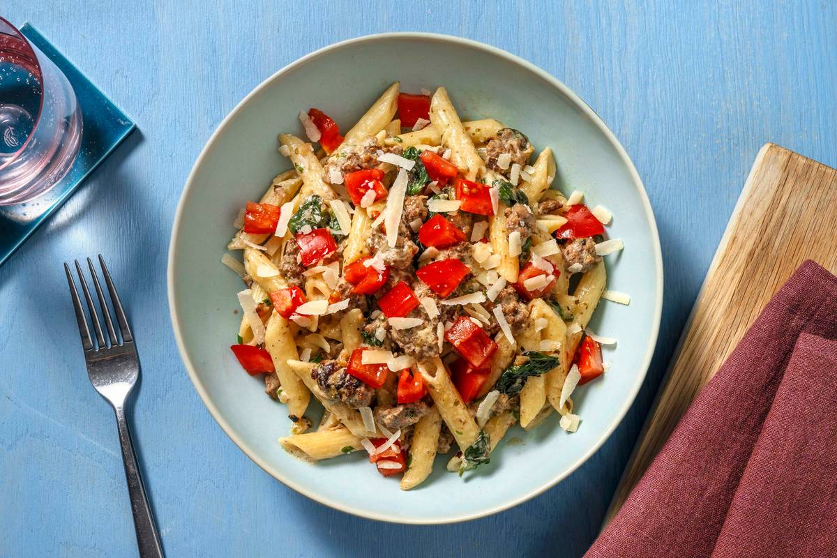 Penne met Italiaans gekruid rundergehakt, kruidenroomkaas en salsa