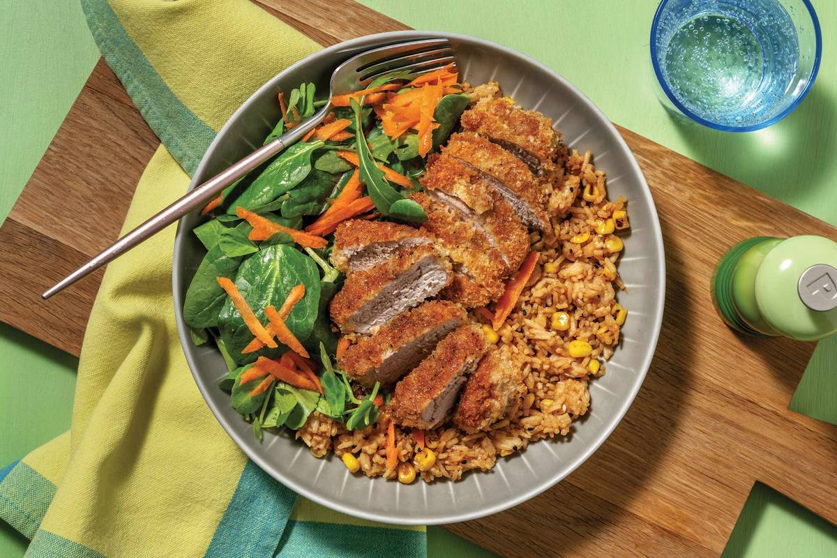 Double Peppercorn Crumbed Pork & Brown Rice
