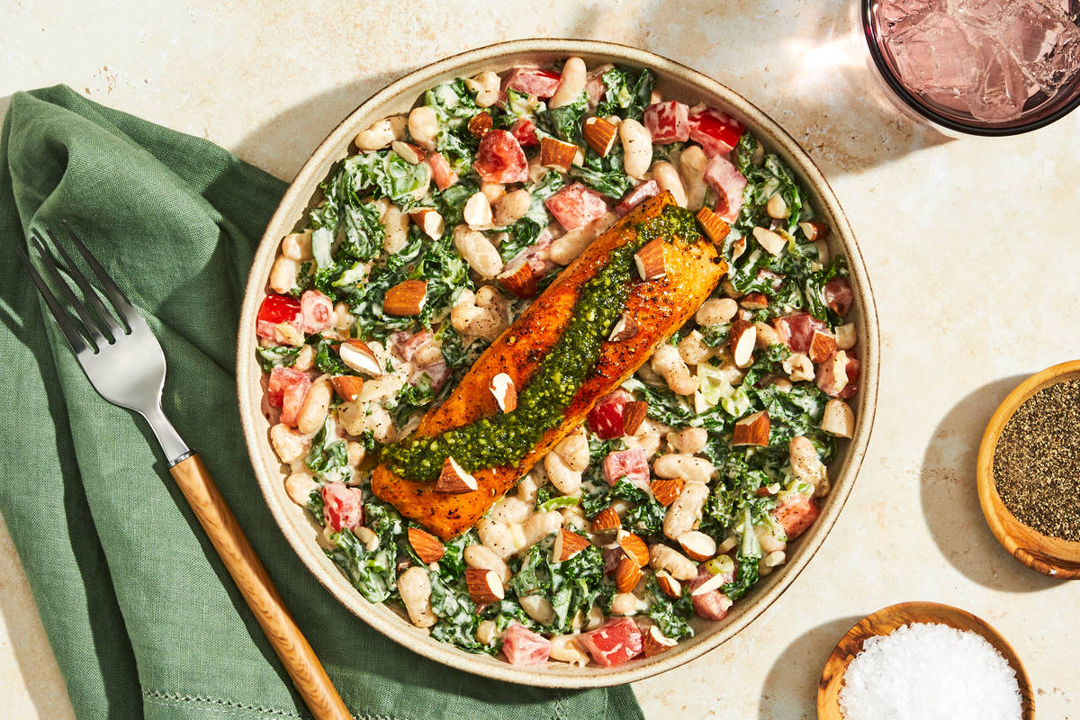 Pesto Sockeye Salmon over Kale & White Beans