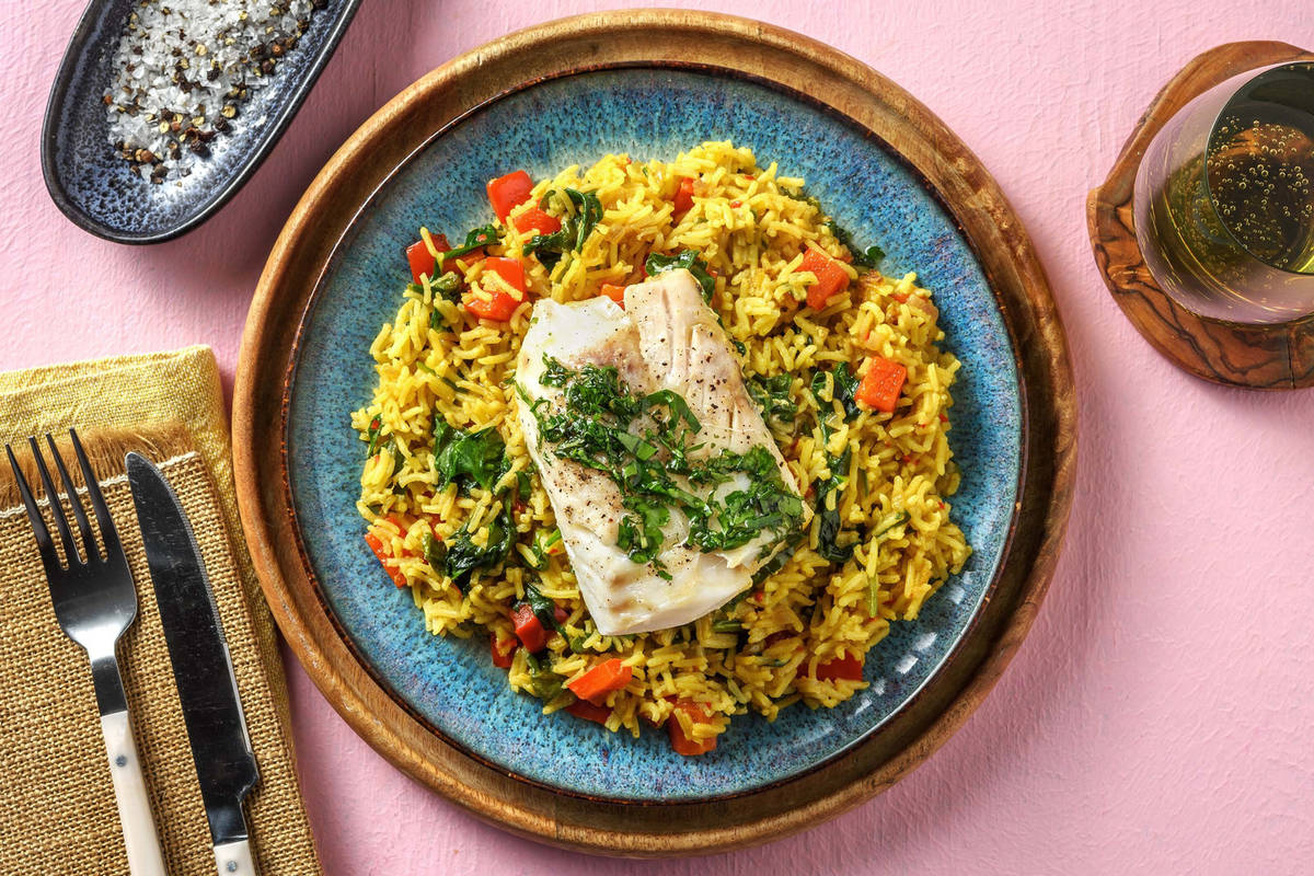 Pilaf et cabillaud à la vapeur