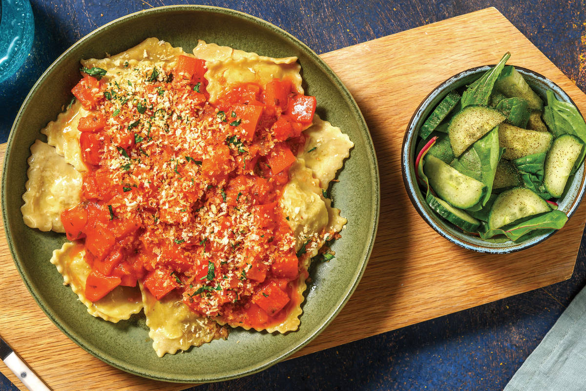 Plant-Based Beef Ravioli & Capsicum Sauce