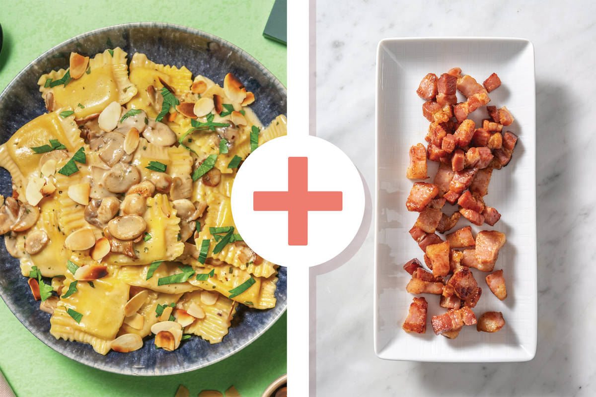 Plant-Based Ravioli & Bacon-Mushroom Sauce