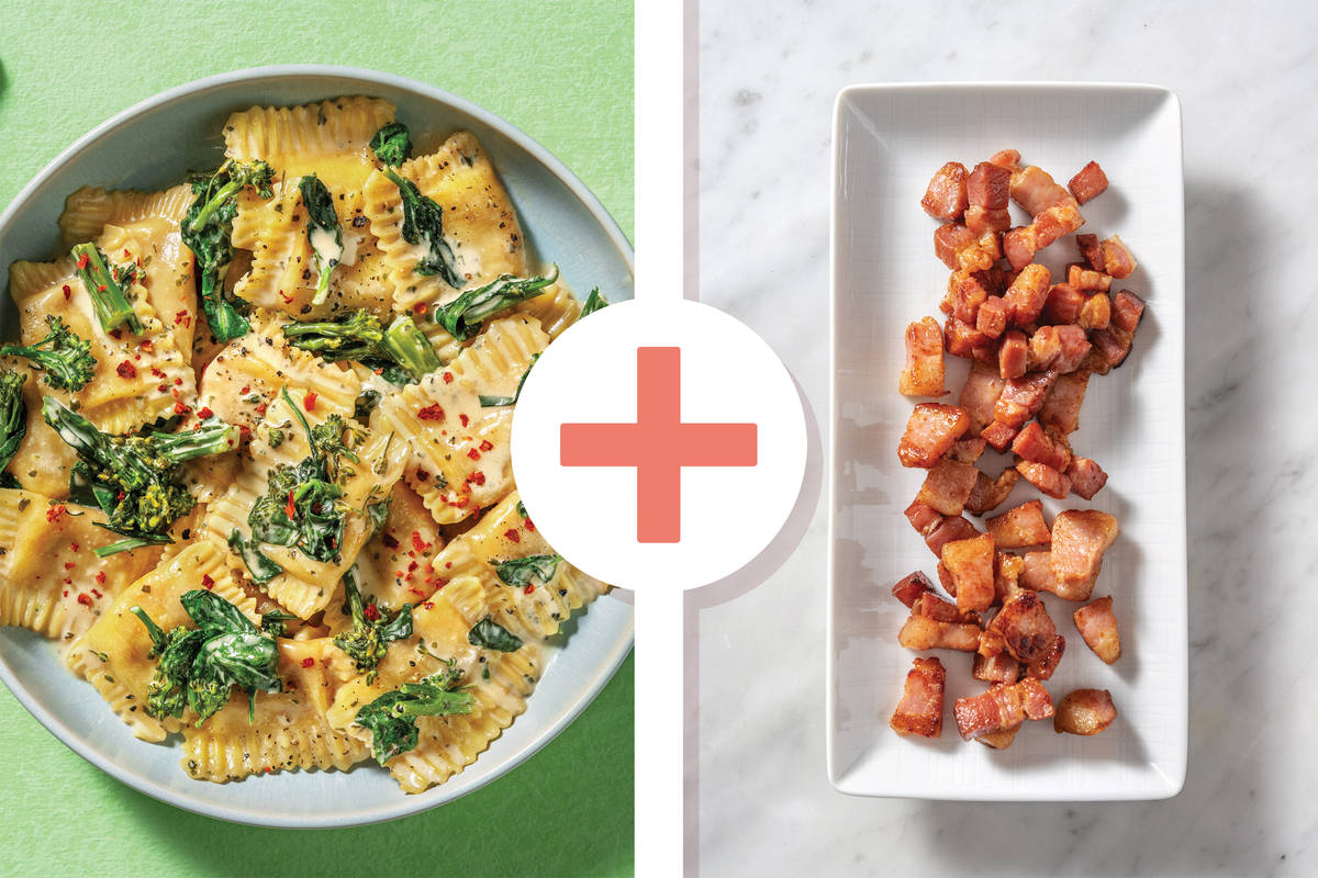 Plant-Based Pumpkin Ravioli & Creamy Bacon-Spinach Sauce