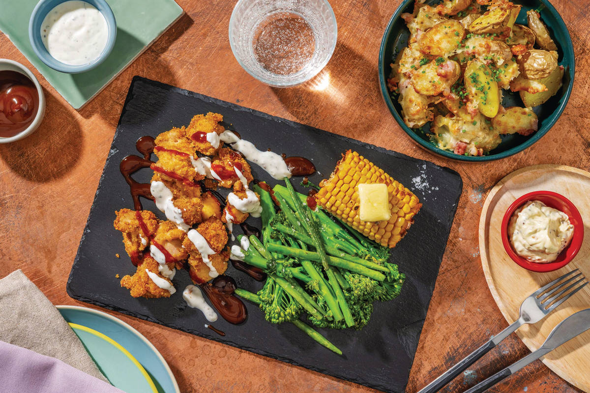 Popcorn Chicken & Cheesy Bacon Potatoes